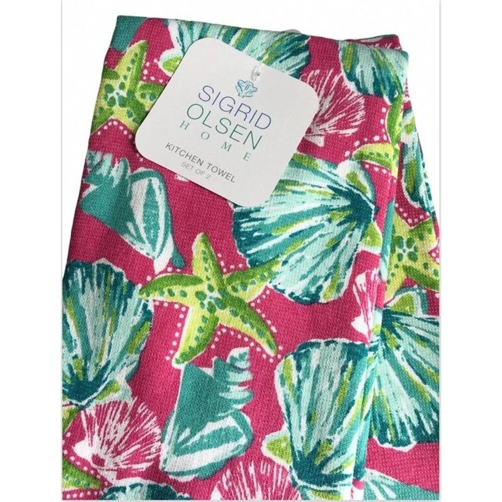 Sigrid Olsen Kitchen Dish Towels Set of 2 Starfish Shells Beach House Pink Green